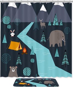 Sweet And Rustic Cartoon Animal Shower Curtain With Bear, Rabbit, Elephant And Deer Print