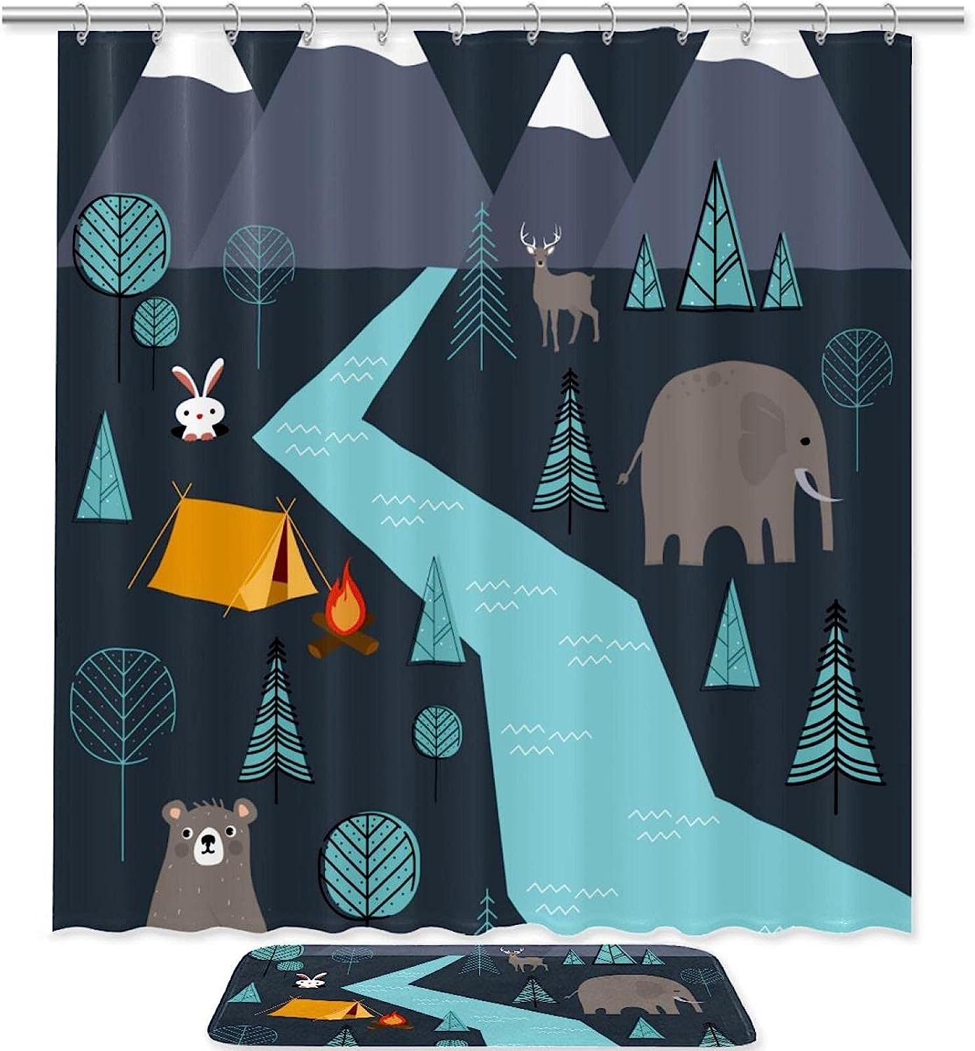 Sweet And Rustic Cartoon Animal Shower Curtain With Bear, Rabbit, Elephant And Deer Print
