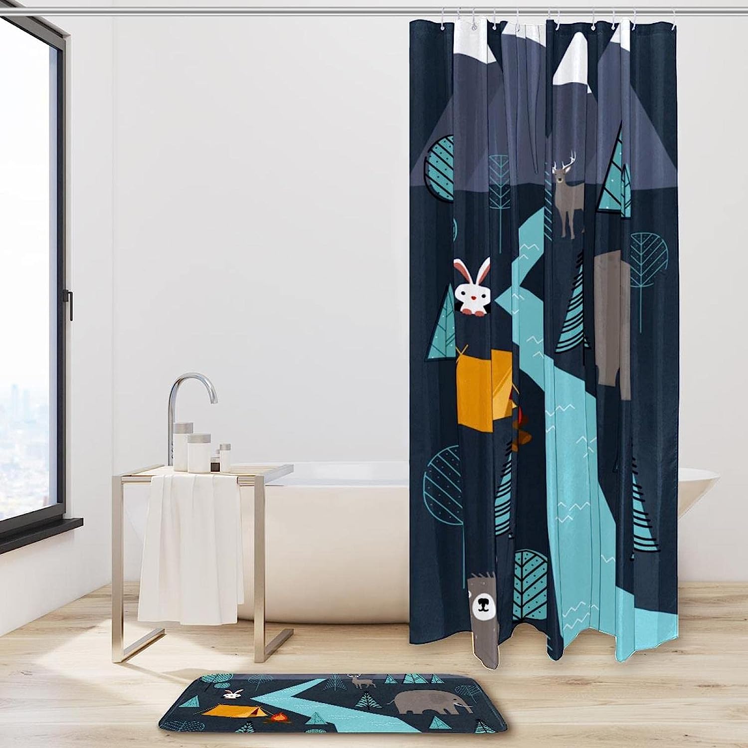 Sweet And Rustic Cartoon Animal Shower Curtain With Bear, Rabbit, Elephant And Deer Print - Image 2