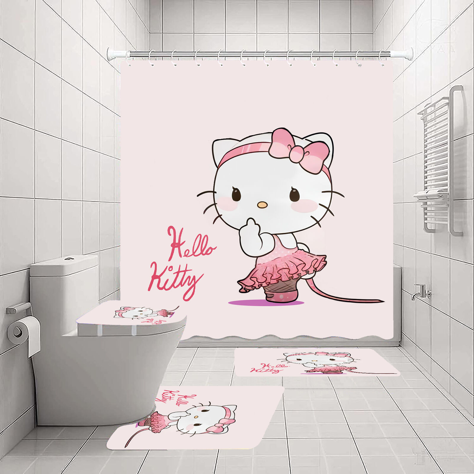 Sweet Cartoon Princess Hello Kitty Cat Fabric Shower Curtain For Kids Bathroom