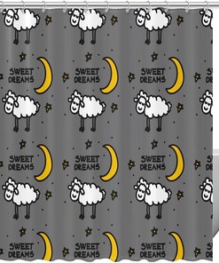 Sweet Dreams White Sheeps Yellow Moon Star Grey Fabric Shower Curtain