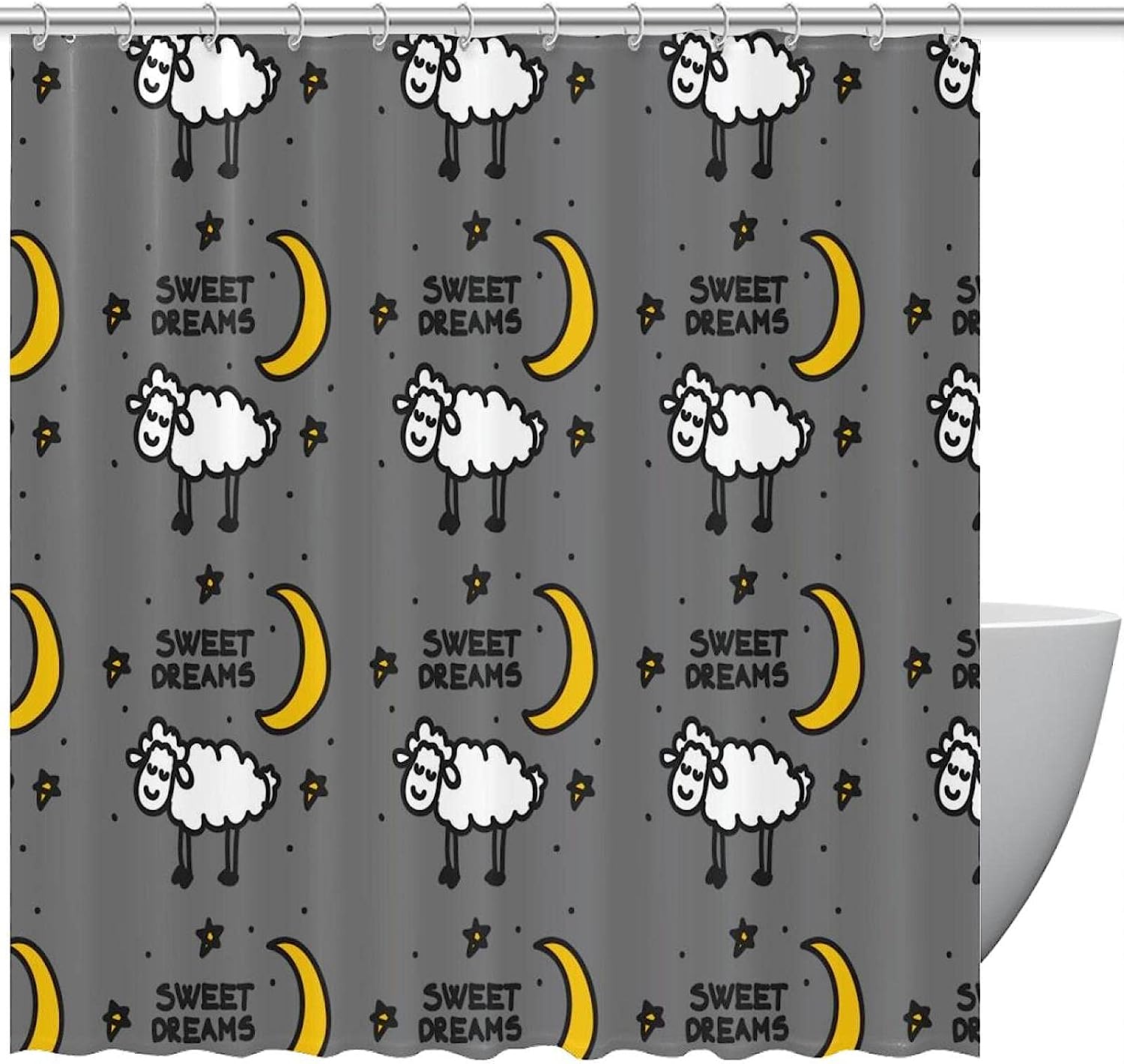 Sweet Dreams White Sheeps Yellow Moon Star Grey Fabric Shower Curtain