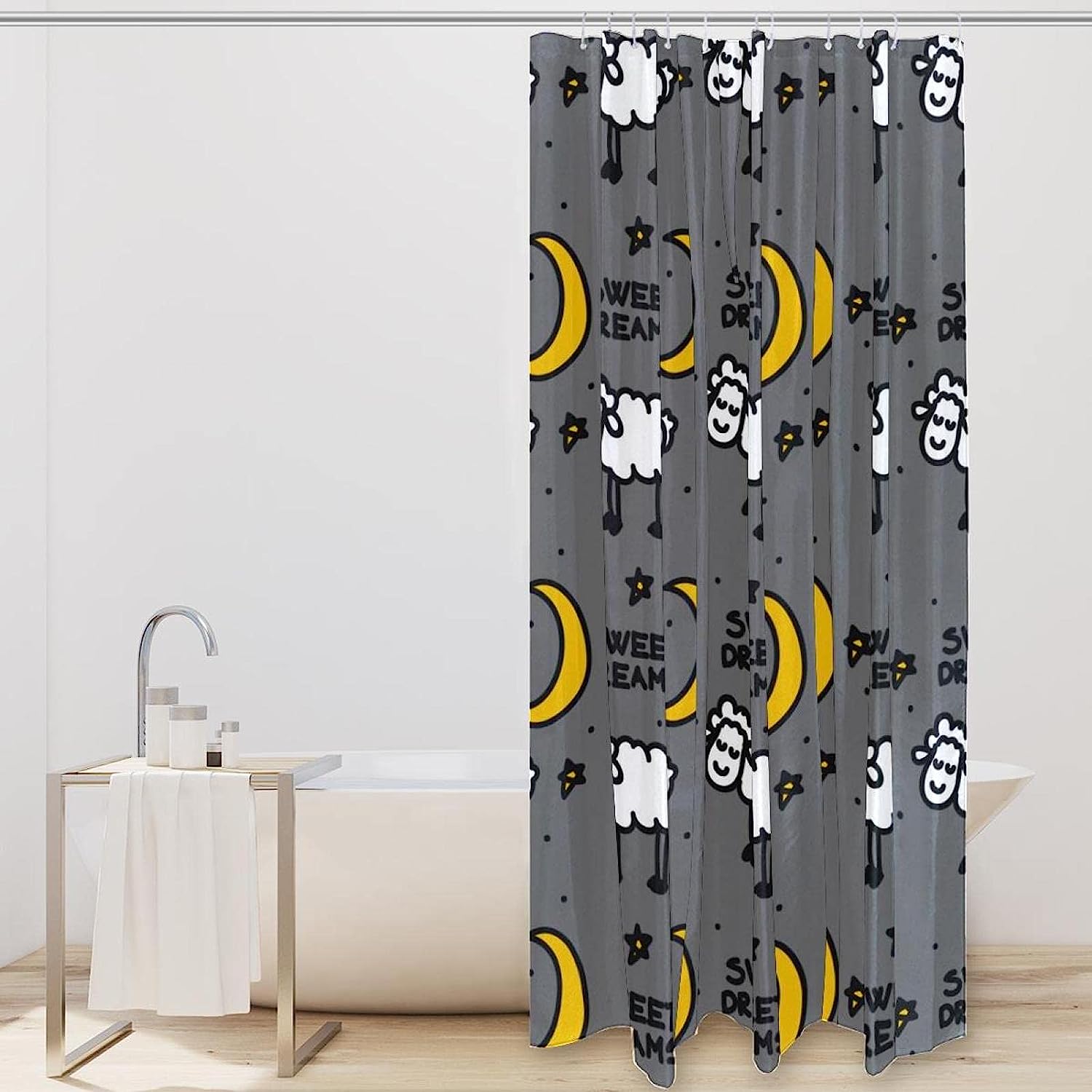 Sweet Dreams White Sheeps Yellow Moon Star Grey Fabric Shower Curtain