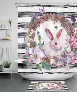 Sweet Easter Bunny Shower Curtain with Flowers and Butterflies for a Fun and Festive Bathroom