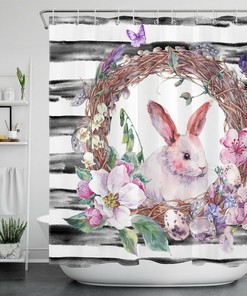 Sweet Easter Bunny Shower Curtain with Flowers and Butterflies for a Fun and Festive Bathroom