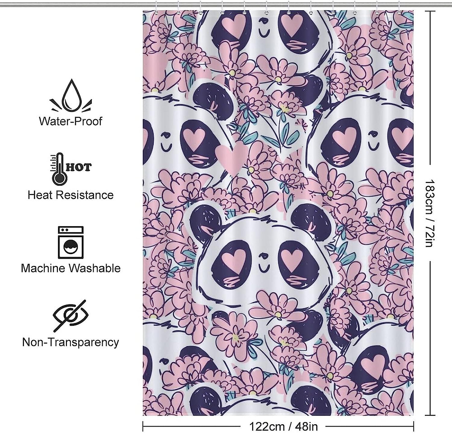 Sweet Panda Bear Flowers Shower Curtain in Fabric Print for Bathrooms