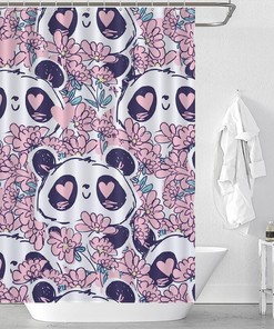 Sweet Panda Bear Flowers Shower Curtain in Fabric Print for Bathrooms