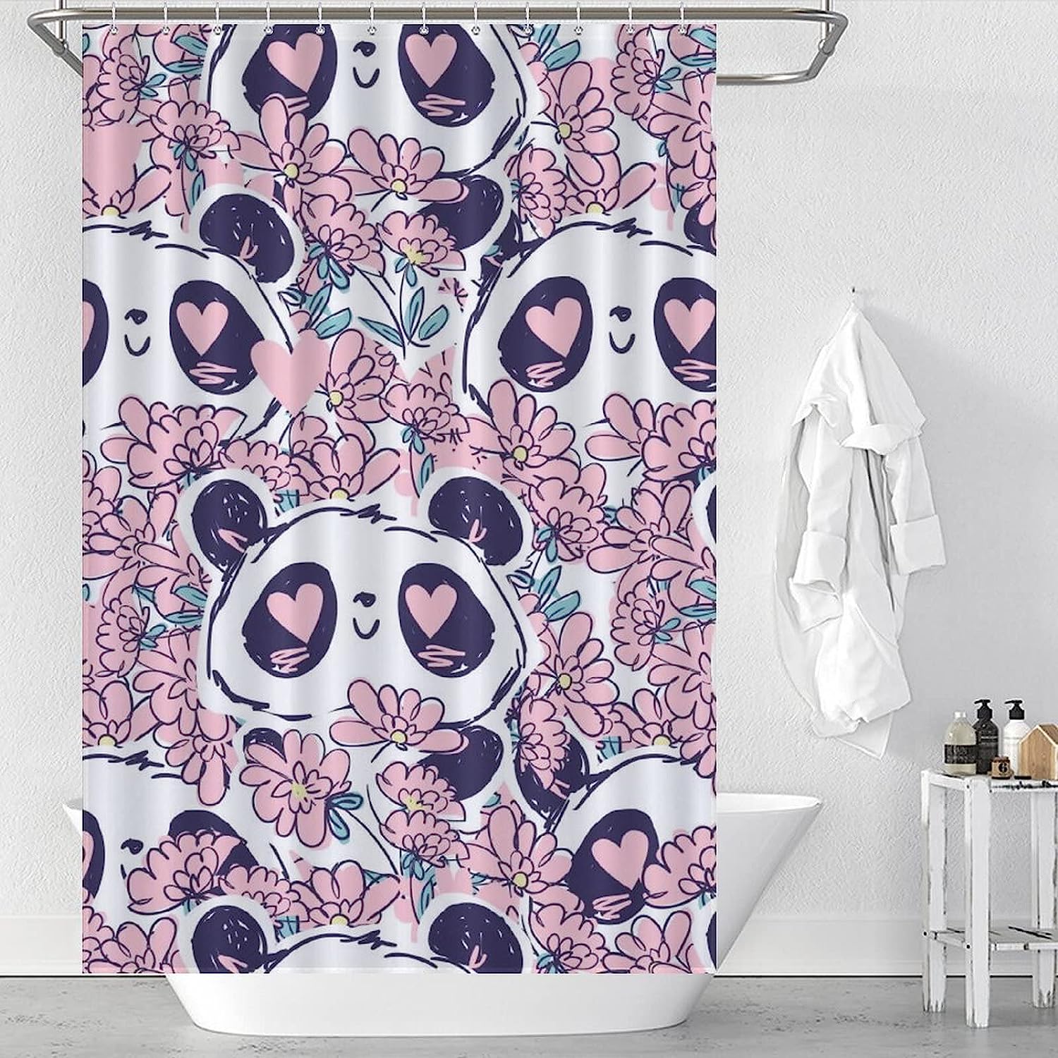 Sweet Panda Bear Flowers Shower Curtain in Fabric Print for Bathrooms