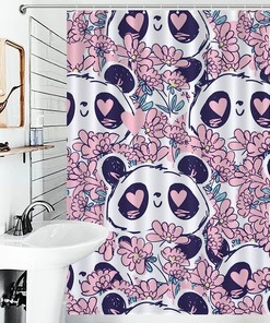 Sweet Panda Bear Flowers Shower Curtain in Fabric Print for Bathrooms
