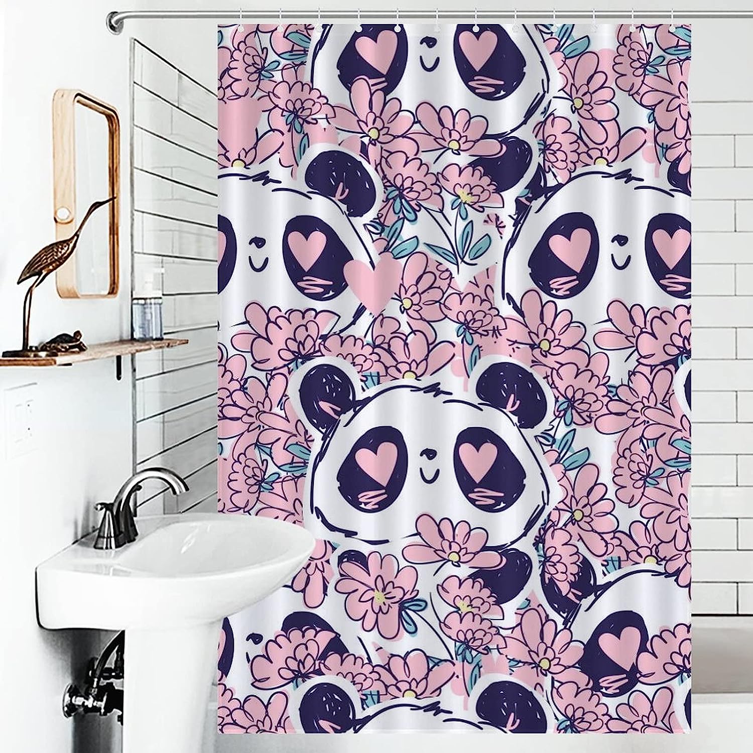 Sweet Panda Bear Flowers Shower Curtain in Fabric Print for Bathrooms