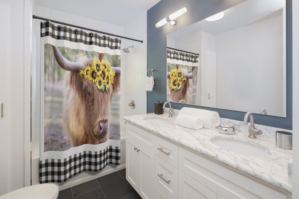 Sweet Pea Highland Cow Farmhouse Shower Curtain