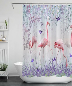 Sweet Pink Flamingo Shower Curtain with Lavender Butterfly and Leaf Details for Bathtub