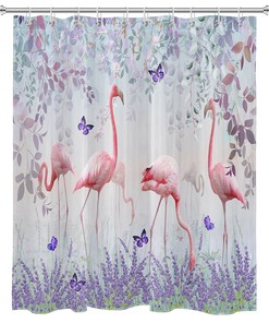 Sweet Pink Flamingo Shower Curtain with Lavender Butterfly and Leaf Details for Bathtub