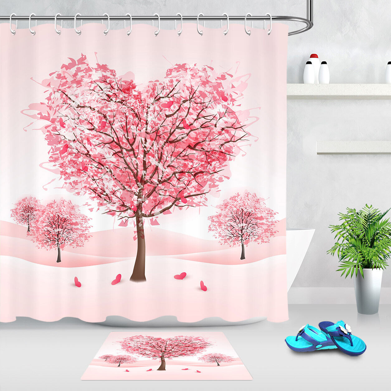 Sweet Pink Heart Shape Trees Valentine's Day Shower Curtain for Bathroom Decor