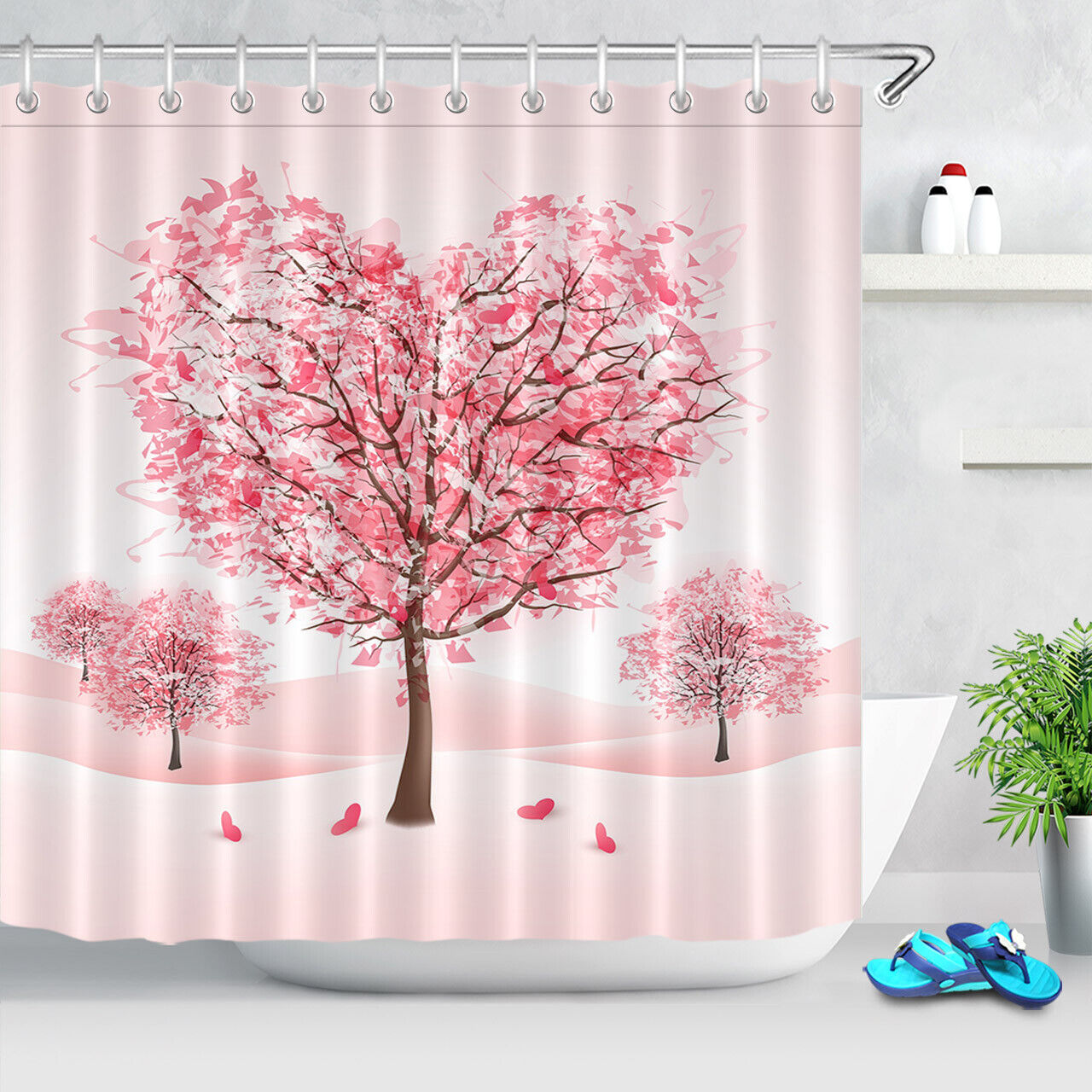 Sweet Pink Heart Shape Trees Valentine's Day Shower Curtain for Bathroom Decor