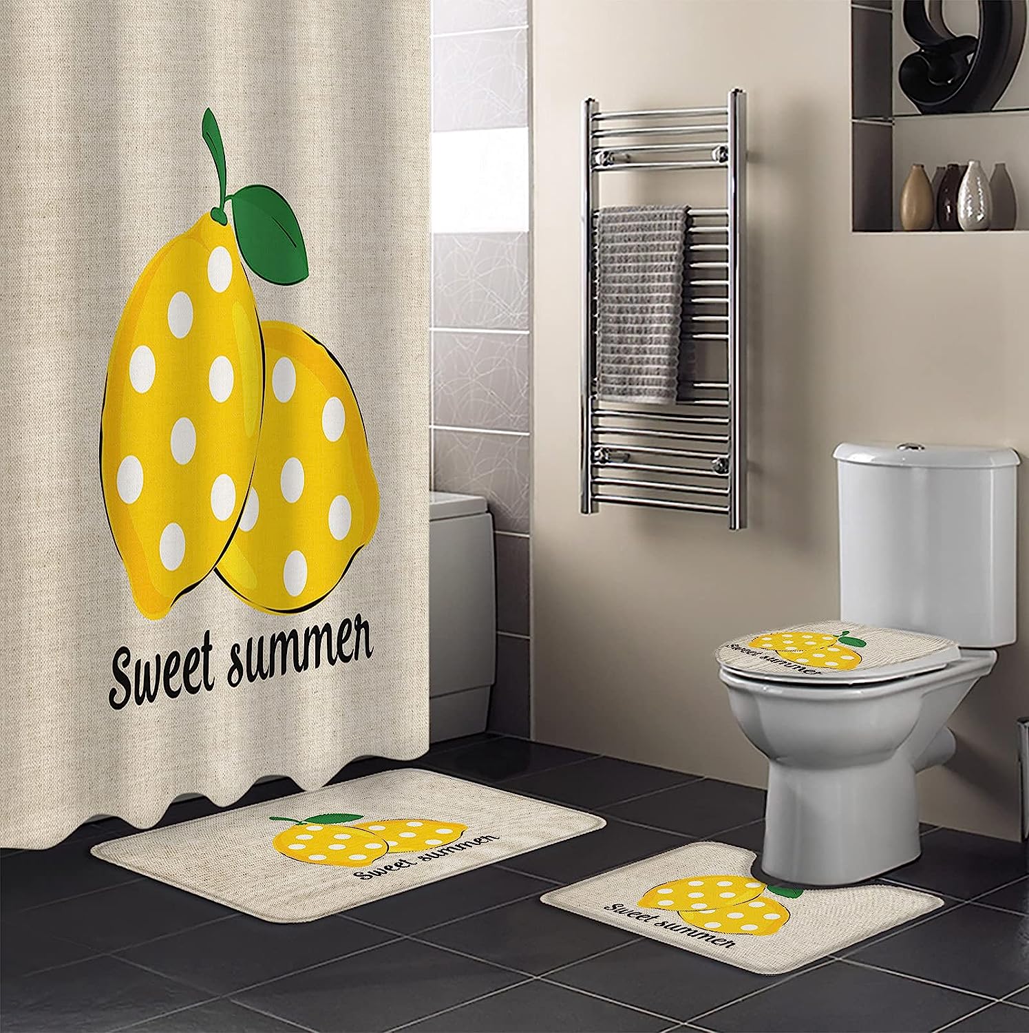 Sweet Polka Dot Lemon Shower Curtain for Kids Bathroom