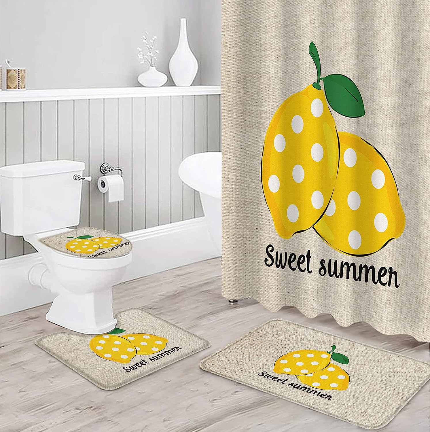 Sweet Polka Dot Lemon Shower Curtain for Kids Bathroom
