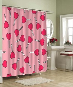 Sweet Red Heart Lollipop Seamless Pattern Love Shower Curtain for Bathroom Showers Decor