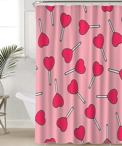 Sweet Red Heart Lollipop Seamless Pattern Love Shower Curtain for Bathroom Showers Decor