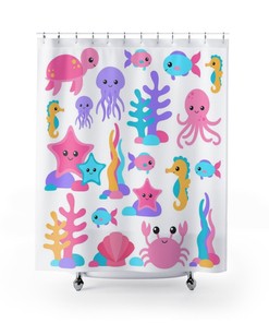 Sweet Sea Life Shower Curtain with Under-the-Sea Creatures for a Coastal Bathroom