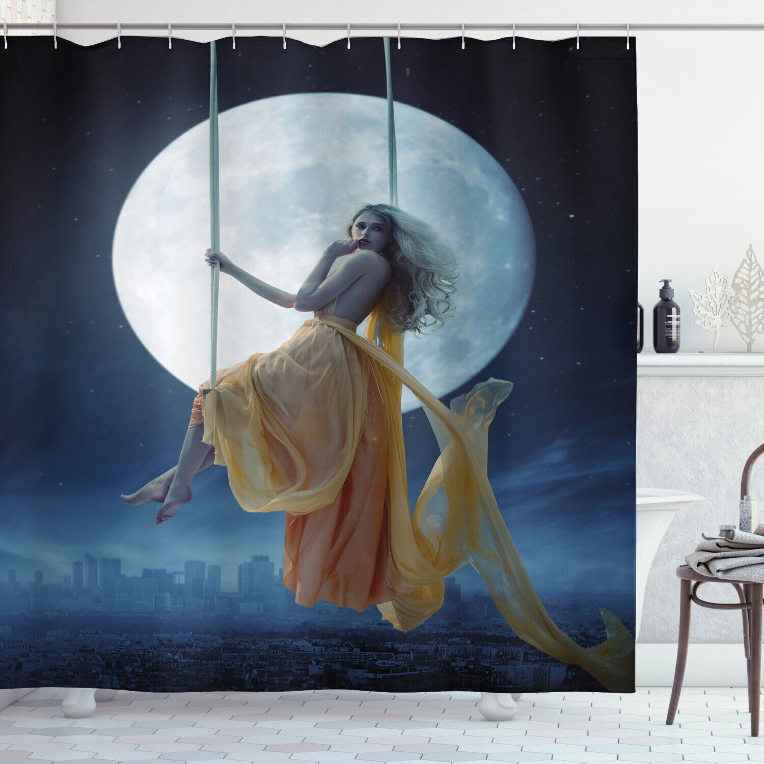 Swing in the Sky Moon Space Shower Curtain for a Romantic Bathroom