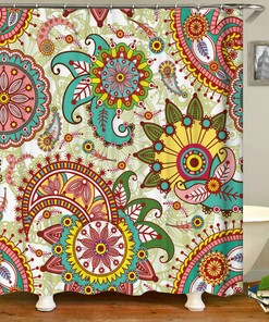 Swirl Design Fabric Shower Curtain With Colorful Bohemian Boho Flowers, Ideal Home Bath Decor Accessory