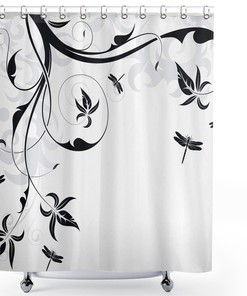 Swirled Floral Background With Damask Curls Print Dragonfly Shower Curtain, Cloth Fabric Bathroom Decorr