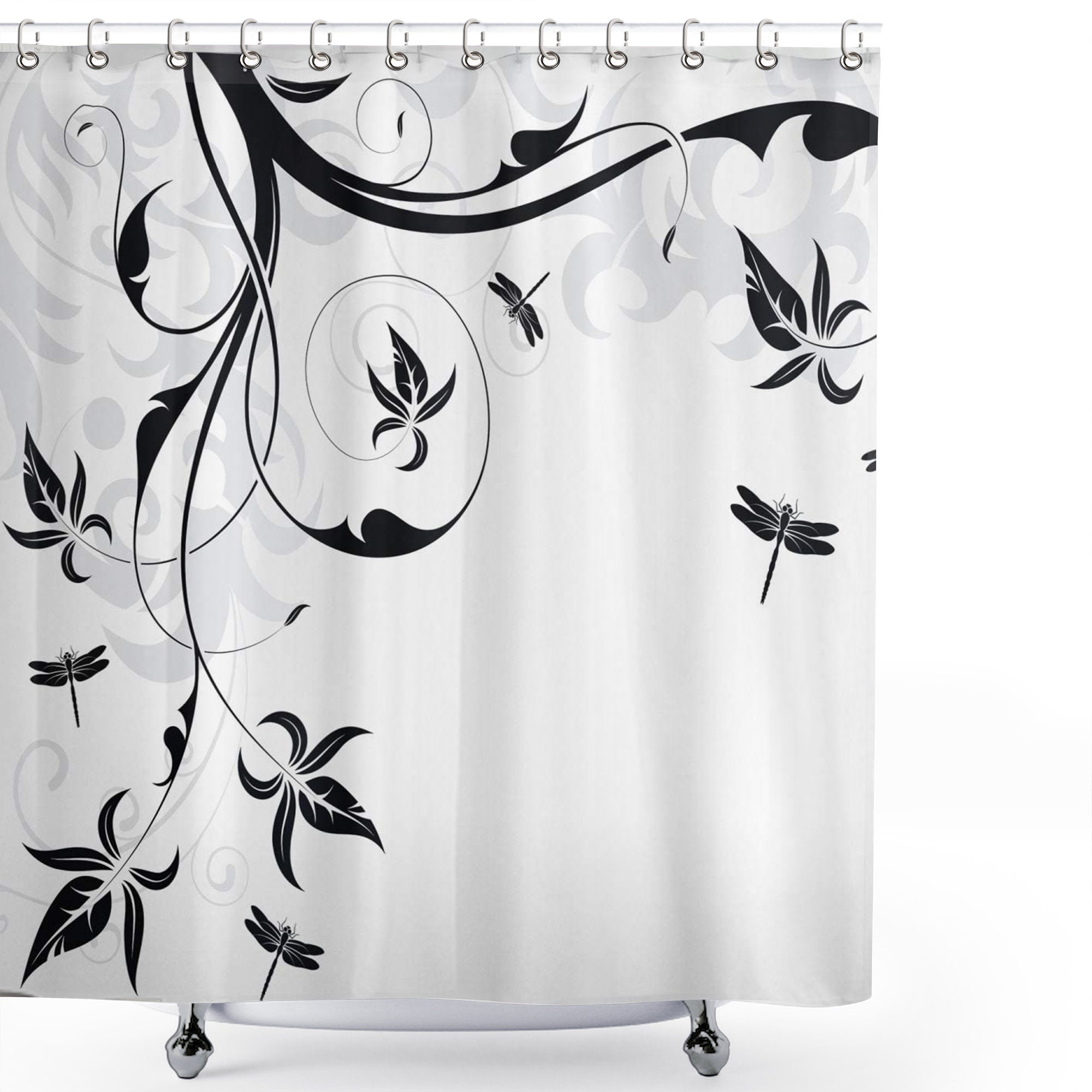 Swirled Floral Background With Damask Curls Print Dragonfly Shower Curtain, Cloth Fabric Bathroom Decorr