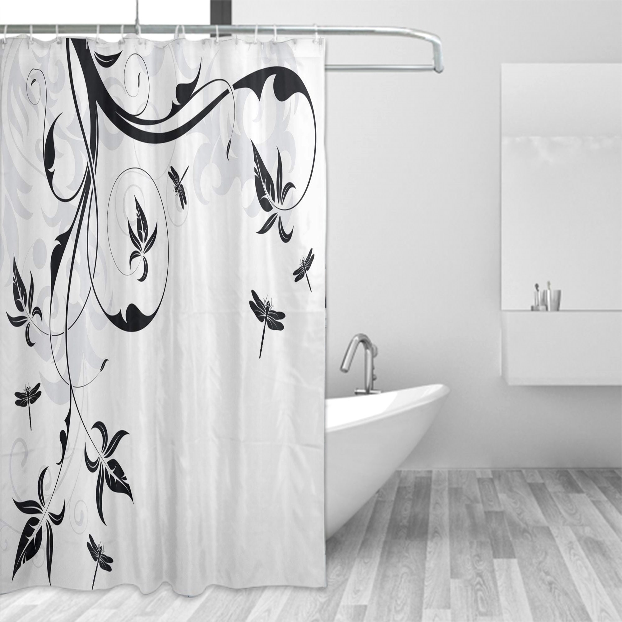 Swirled Floral Background With Damask Curls Print Dragonfly Shower Curtain, Cloth Fabric Bathroom Decorr - Image 2