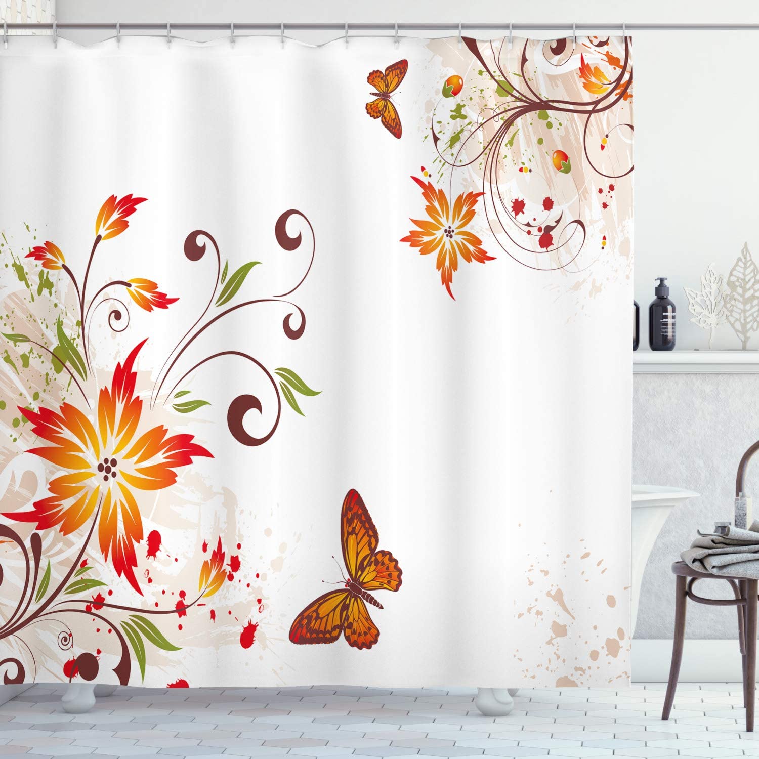 Swirled Flowers Leaves And Butterfly Nature Shower Curtain, Foliage Garden Motif Cloth Fabric Bathroom Decors