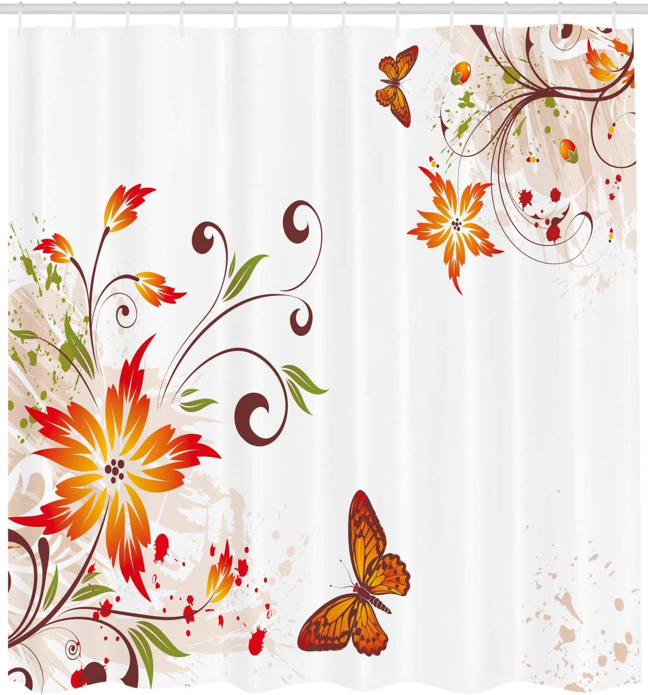 Swirled Flowers Leaves And Butterfly Nature Shower Curtain, Foliage Garden Motif Cloth Fabric Bathroom Decors - Image 2