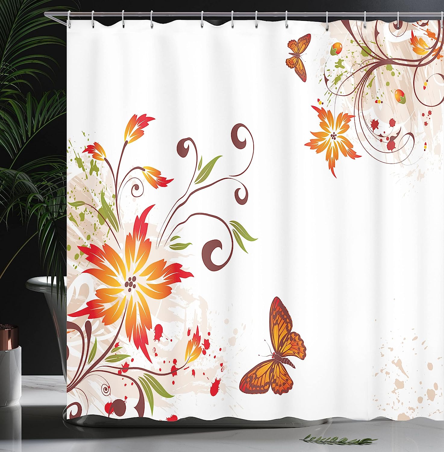 Swirled Flowers Leaves And Butterfly Nature Shower Curtain, Foliage Garden Motif Cloth Fabric Bathroom Decors - Image 3