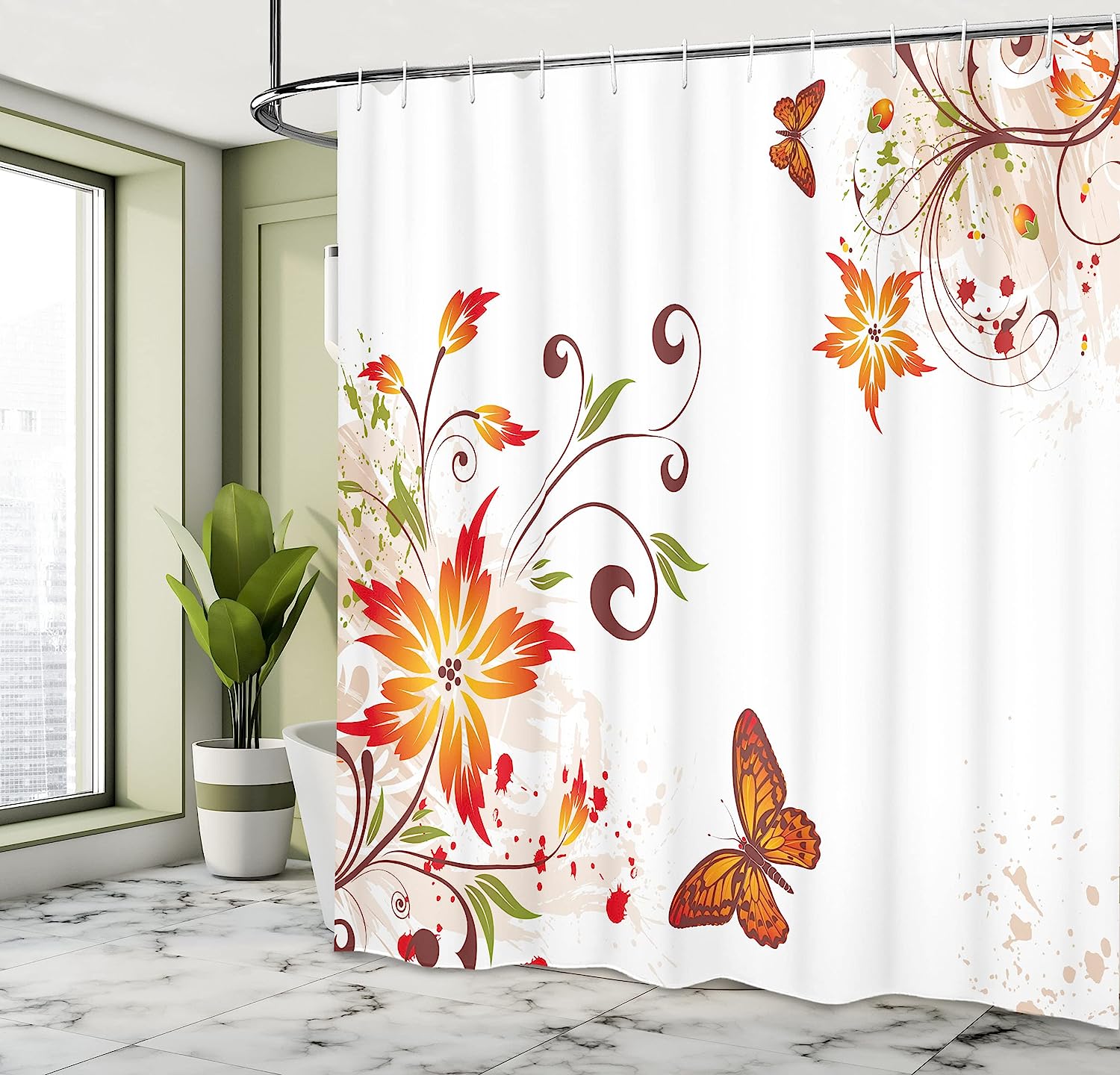Swirled Flowers Leaves And Butterfly Nature Shower Curtain, Foliage Garden Motif Cloth Fabric Bathroom Decors - Image 4