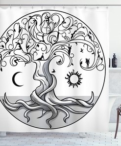 Swirling Life Tree Shower Curtain, Cloth Fabric Bathroom Decor in Pale Grey and White with Angels
