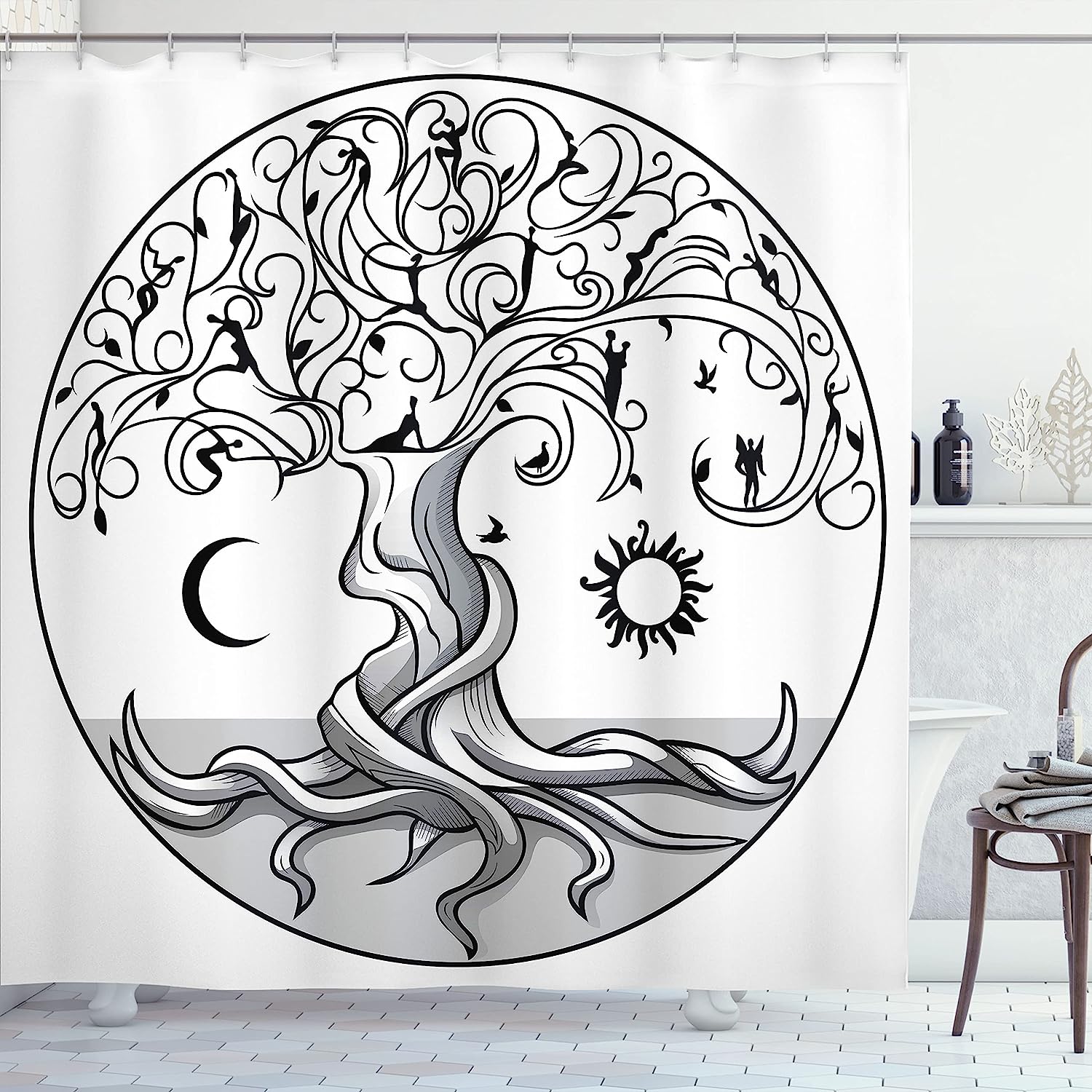 Swirling Life Tree Shower Curtain, Cloth Fabric Bathroom Decor in Pale Grey and White with Angels