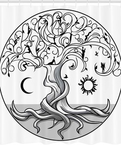 Swirling Life Tree Shower Curtain, Cloth Fabric Bathroom Decor in Pale Grey and White with Angels