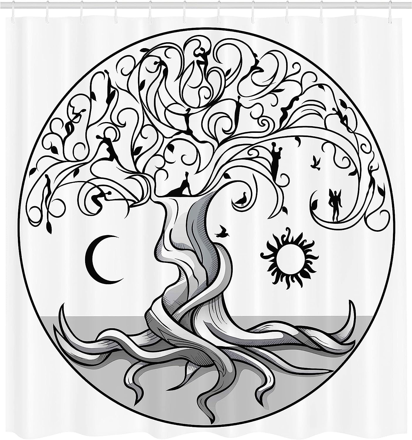 Swirling Life Tree Shower Curtain, Cloth Fabric Bathroom Decor in Pale Grey and White with Angels