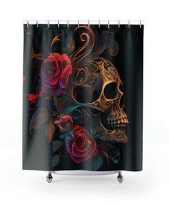 Swirly Skull And Flowers Gothic Shower Curtain Scary Flower Bath Decor With Halloween Theme