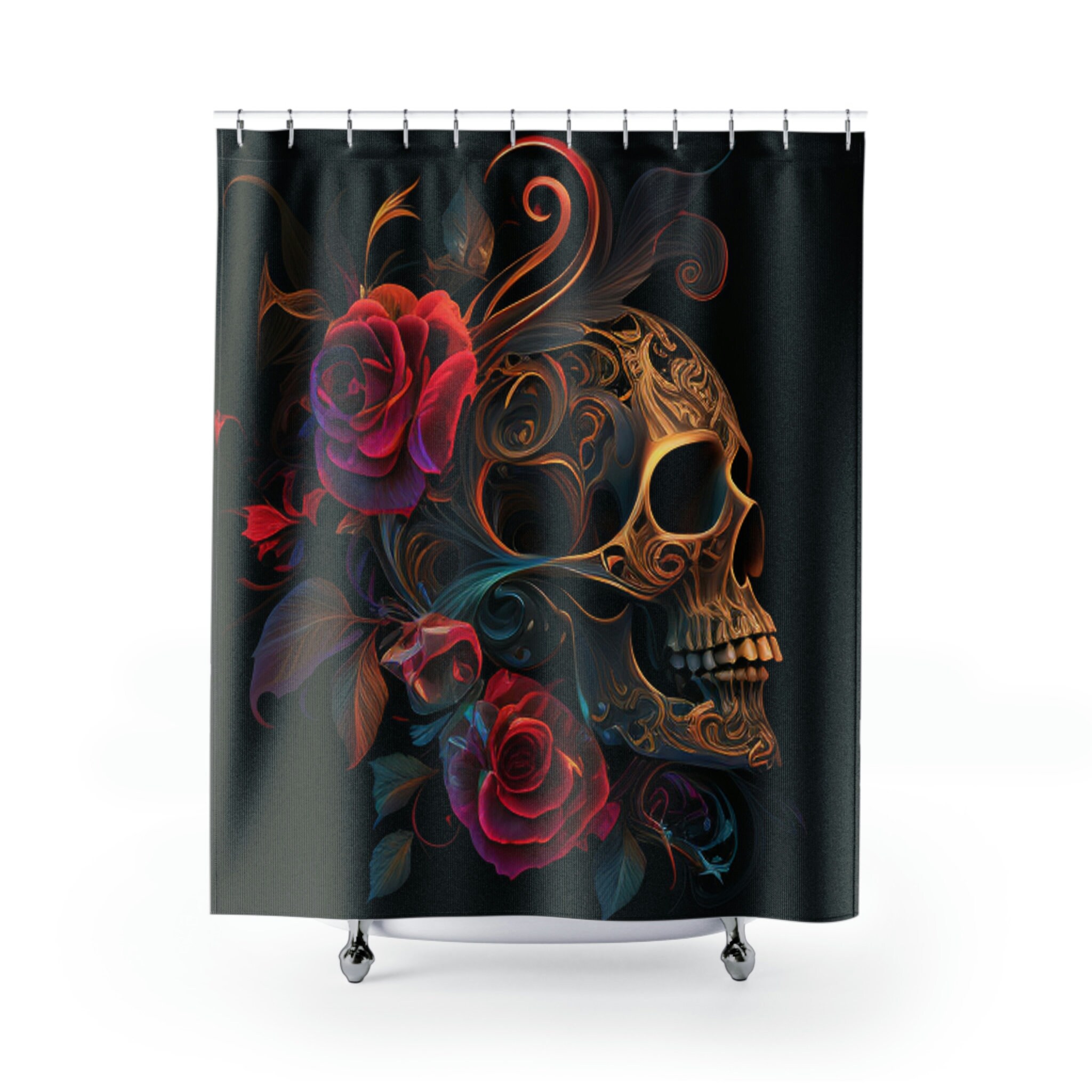 Swirly Skull And Flowers Gothic Shower Curtain Scary Flower Bath Decor With Halloween Theme