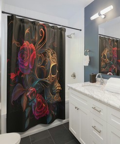 Swirly Skull And Flowers Gothic Shower Curtain Scary Flower Bath Decor With Halloween Theme