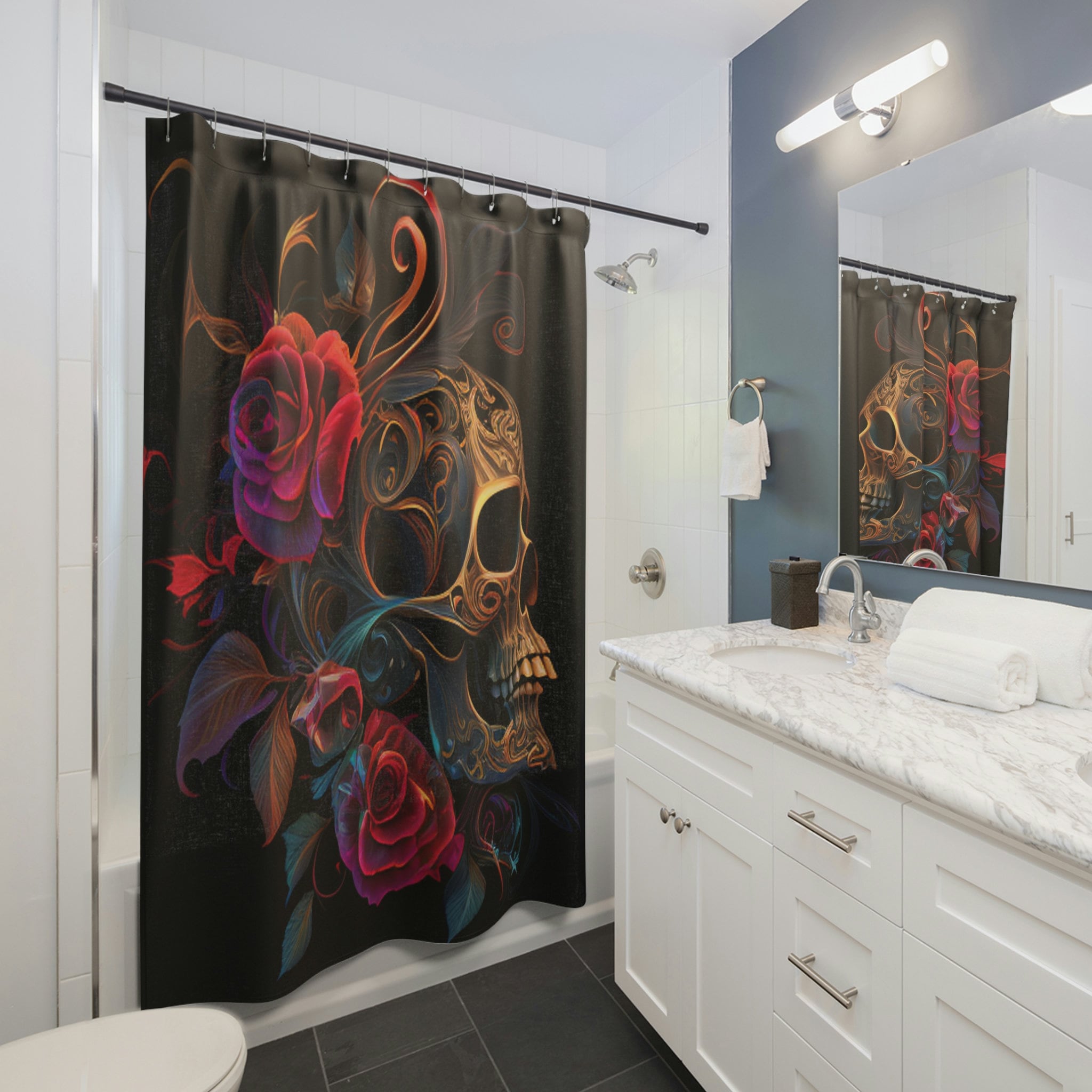 Swirly Skull And Flowers Gothic Shower Curtain Scary Flower Bath Decor With Halloween Theme