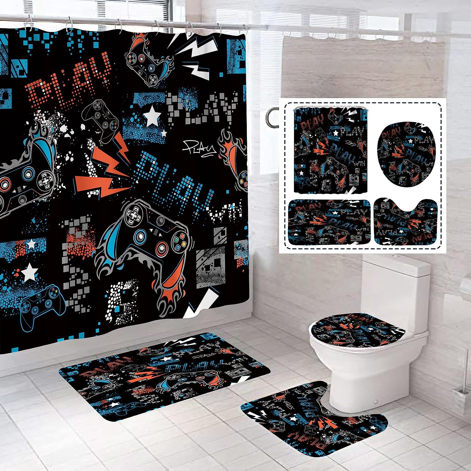 Take A Break, Play A Game With This Classic Video Games Controller Bath Curtain Featuring A Comic Style Design