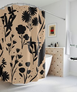 Tan And Black Floral Shower Curtain - Bold Flower Bathroom Decor