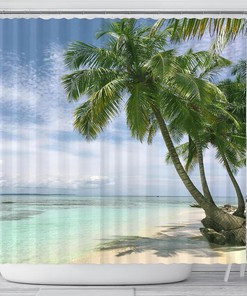 Tasteful Palm Tree Beach Scene Shower Curtain for Tropical Bathroom Decor