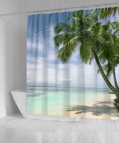 Tasteful Palm Tree Beach Scene Shower Curtain for Tropical Bathroom Decor