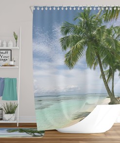 Tasteful Palm Tree Beach Scene Shower Curtain for Tropical Bathroom Decor