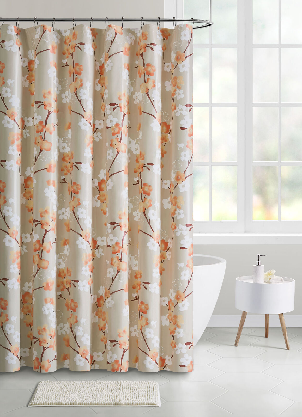 Taupe Floral Design PEVA Red and White Shower Curtain for Odorless ECO Friendly Bathroom
