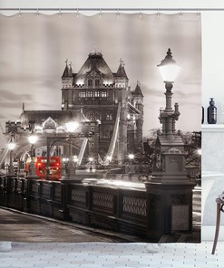 Taupe Grey Red London Theme Urban Life Scenery Shower Curtain Featuring Tower Bridge