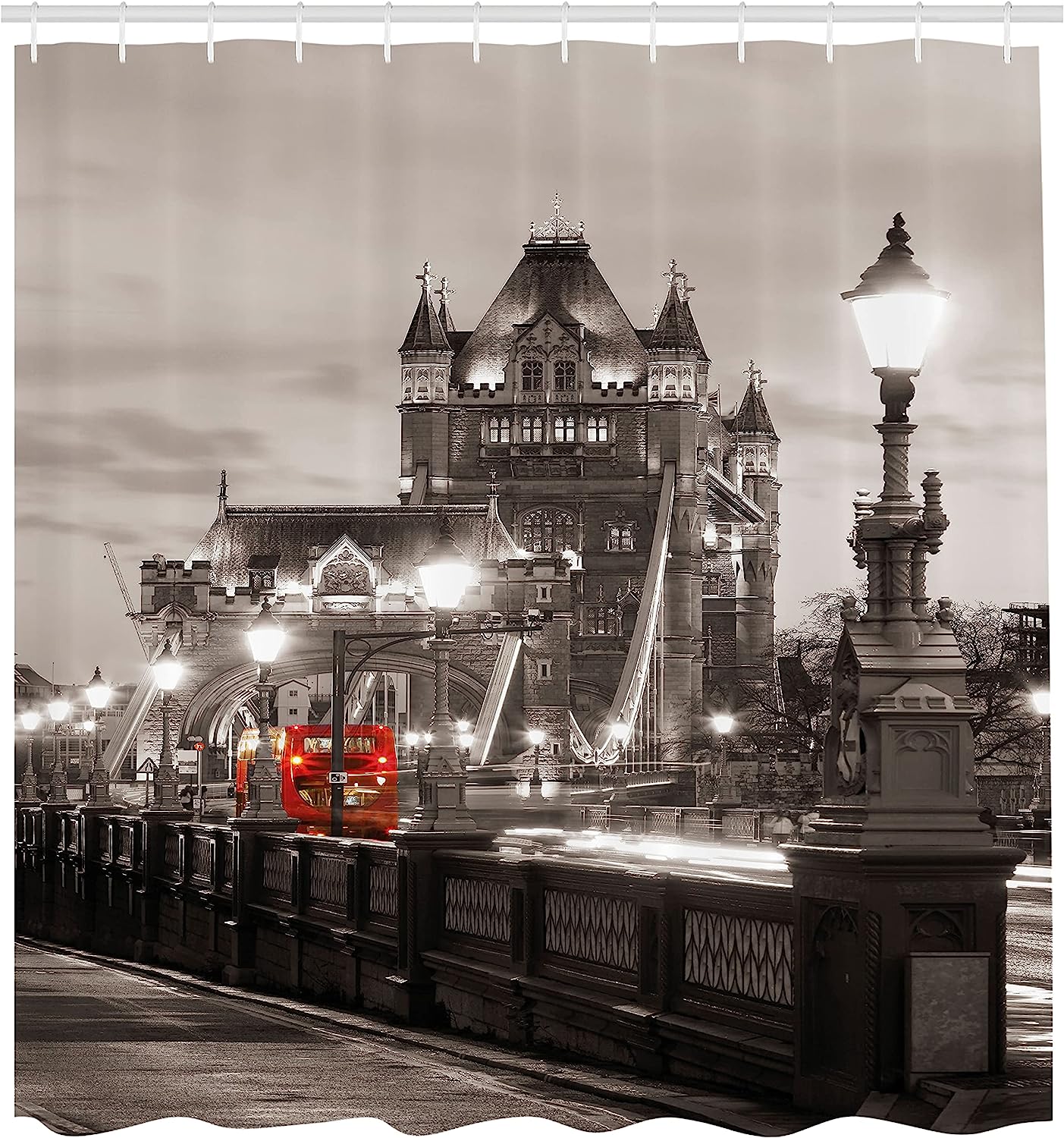 Taupe Grey Red London Theme Urban Life Scenery Shower Curtain Featuring Tower Bridge - Image 2