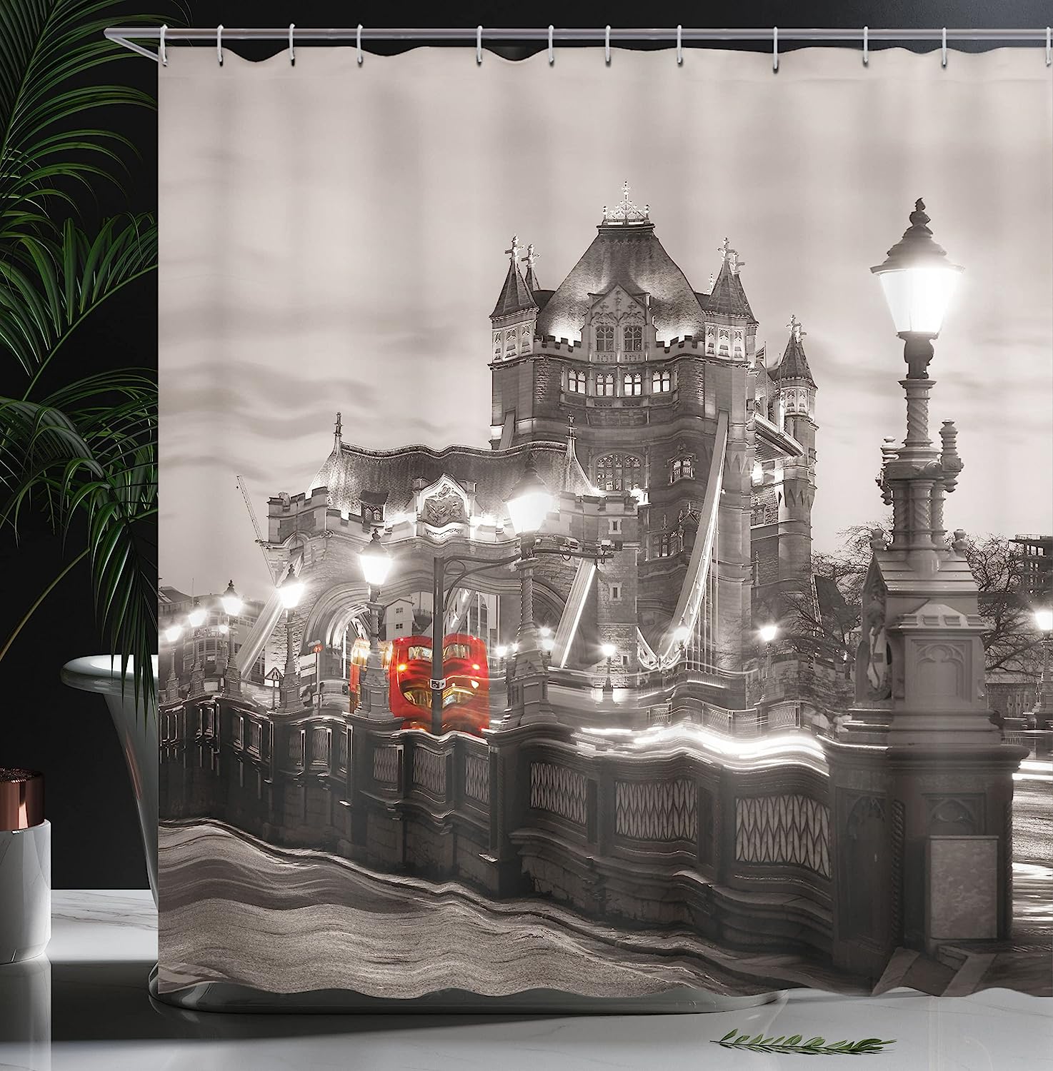 Taupe Grey Red London Theme Urban Life Scenery Shower Curtain Featuring Tower Bridge - Image 3
